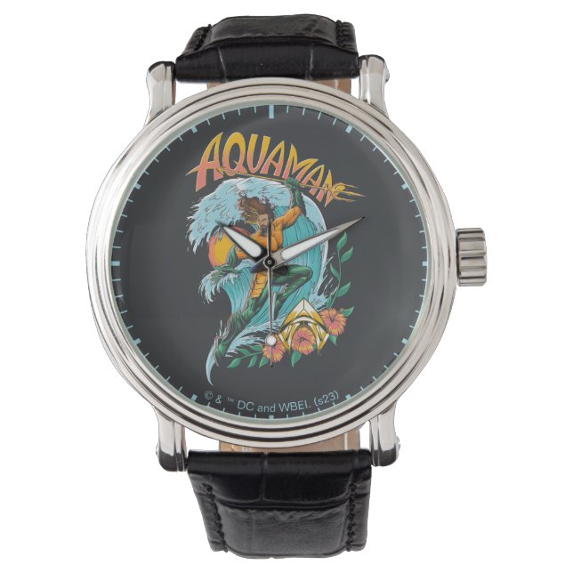 Aquaman en Trident Rising Surf Graphic Horloge (Voorkant)