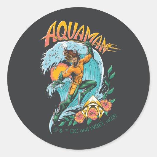 Aquaman en Trident Rising Surf Graphic Ronde Sticker (Voorkant)