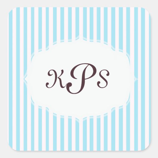 Aquamarijn babyblauwe gestreepte monogram sticker (Voorkant)