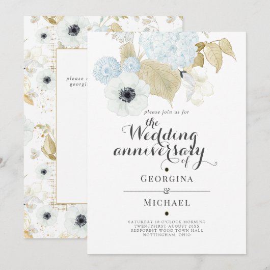 Aquamarijn Blauw Goud Bloemige HUWELIJKSVERJAARDAG Kaart (Voorkant / Achterkant)