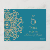 AQUAMARIJN BLAUW GOUD INDIASE TROUWTAFEL NUMMER BRIEFKAART (Achterkant)