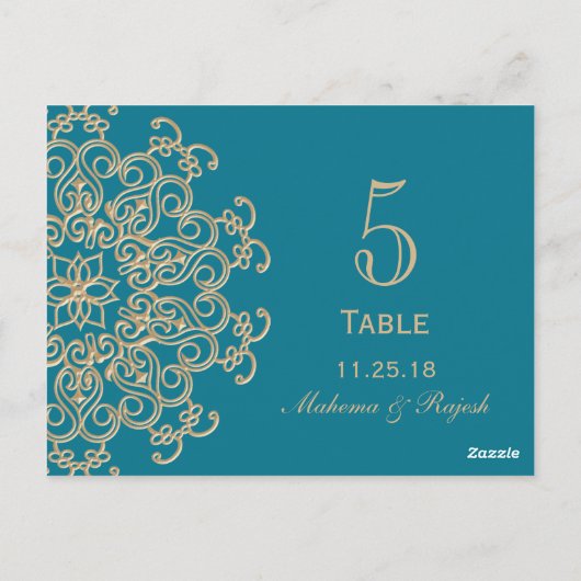 AQUAMARIJN BLAUW GOUD INDIASE TROUWTAFEL NUMMER BRIEFKAART (Achterkant)