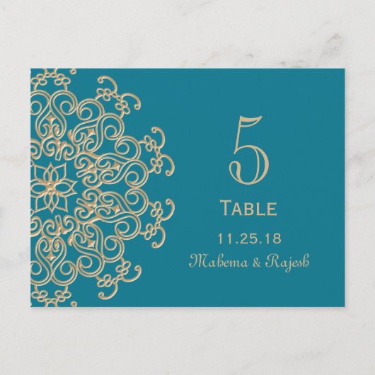 AQUAMARIJN BLAUW GOUD INDIASE TROUWTAFEL NUMMER BRIEFKAART (Voorkant)