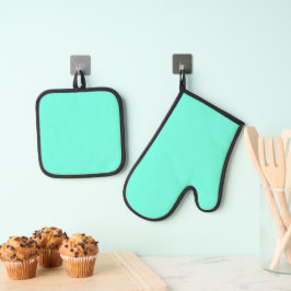 Aquamarijn Blauw Groen Turquoise Stevige Kleur Ovenwant & Pannenlap Set