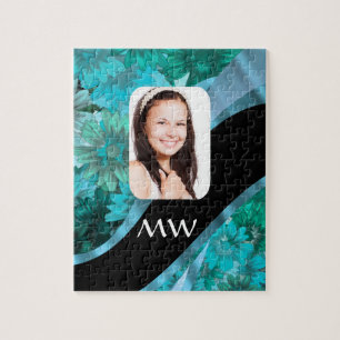 Aquamarijn bloemen gepersonaliseerde foto legpuzzel