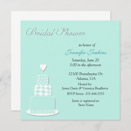Aquamarijn Bruiloft Taart Bruids Douche Uitnodigin Kaart (Voorkant / Achterkant)