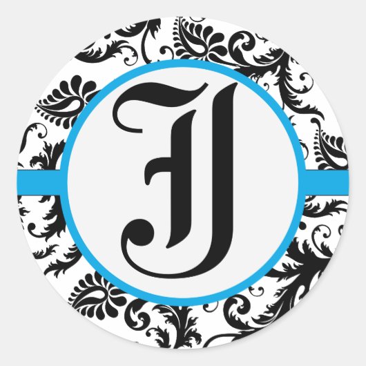 Aquamarijn Damask Monogram Trouwstickers Ronde Sticker (Voorkant)