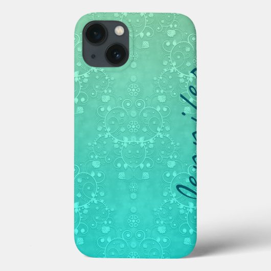 Aquamarijn Fancy Damast Turquoise Persoonlijke Kun Case-Mate iPhone Case (Achterkant)
