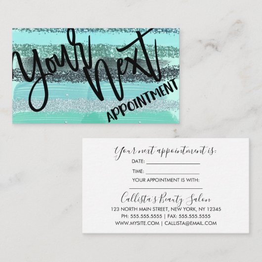 Aquamarijn Groen Blauw Glitter Brushstrokes Strepe Afsprakenkaartje (Voorkant / Achterkant)