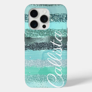 Aquamarijn Groen Blauw Glitter Brushstrokes Strepe iPhone 15 Pro Case