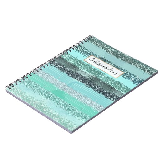Aquamarijn Groen Blauw Glitter Brushstrokes Strepe Notitieboek (Linkerzijde)