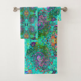 Aquamarijn Groovy Abstract Retro Vloeibare Draaiko Bad Handdoek