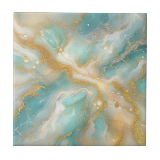 Aquamarijn Marmer Goud Glitter Aderen en werveling Tegeltje (Voorkant)