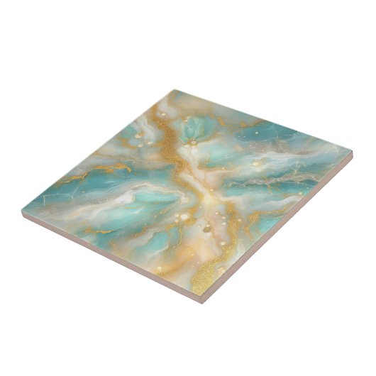 Aquamarijn Marmer Goud Glitter Aderen en werveling Tegeltje (Zijkant)