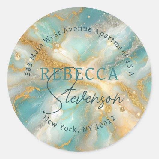 Aquamarijn Marmer Rond Retouradres Label (Voorkant)