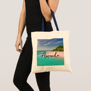 Aquamarijn oceaan tropisch strand panorama tote bag