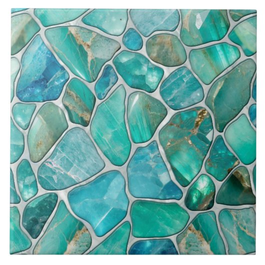 Aquamarijn steentjes op parel tegeltje (Voorkant)
