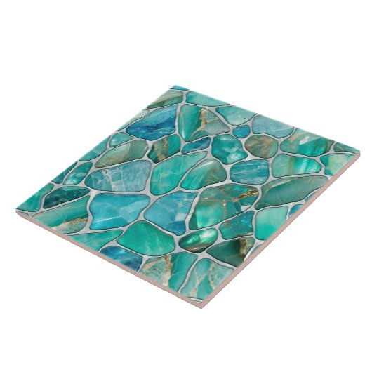 Aquamarijn steentjes op parel tegeltje (Zijkant)