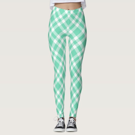 Aquamarijn wit geruit patroon leggings (Voorkant)