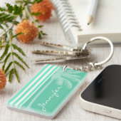 Aquamarijn zeepschuim groene strepen; Retro palmbo Sleutelhanger (Voorkant Rechts)
