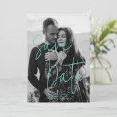 Aquamarine Black & White Trendy Romantic Save The Date (Staand voorkant)