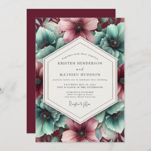 Aquamarine Bloom Wedding Kaart (Voorkant / Achterkant)