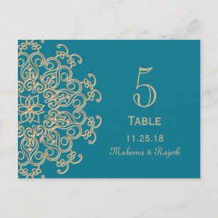 AQUAMARINE BLUE GOLD INDIAN WEDDING TABEL NUMMER BRIEFKAART