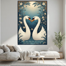 Aquamarine Blue Pond Art Nouveau Swan Couple's Vow
