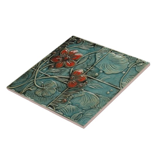 Aquamarine Blue Red Floral Organic Pattern Tegeltje (Zijkant)