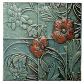 Aquamarine Blue Red Floral Organic Pattern Tegeltje (Voorkant)