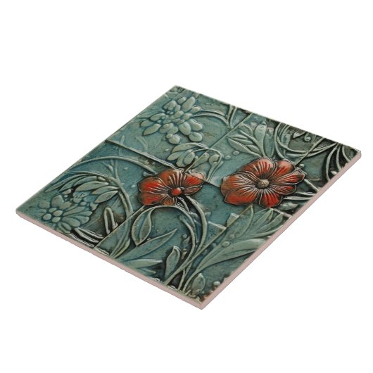 Aquamarine Blue Red Floral Organic Pattern Tegeltje (Zijkant)