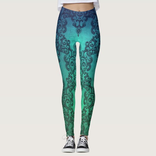 Aquamarine Dreams Damask Boho Style Leggings (Voorkant)