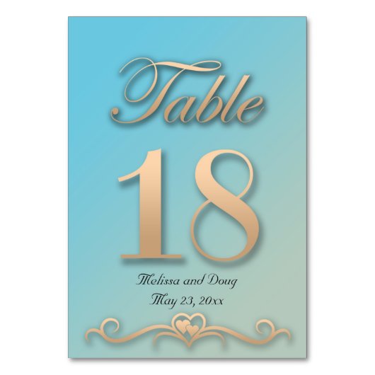 Aquamarine en Peach Wedding Table Kaart - Number18 (Voorkant)