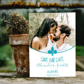 Aquamarine Fleur de Lis Photo Save Date Aankondiging