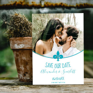 Aquamarine Fleur de Lis Photo Save Date Aankondiging