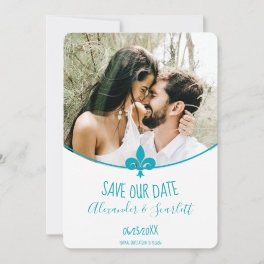 Aquamarine Fleur de Lis Photo Save Date Aankondiging (Voorkant)