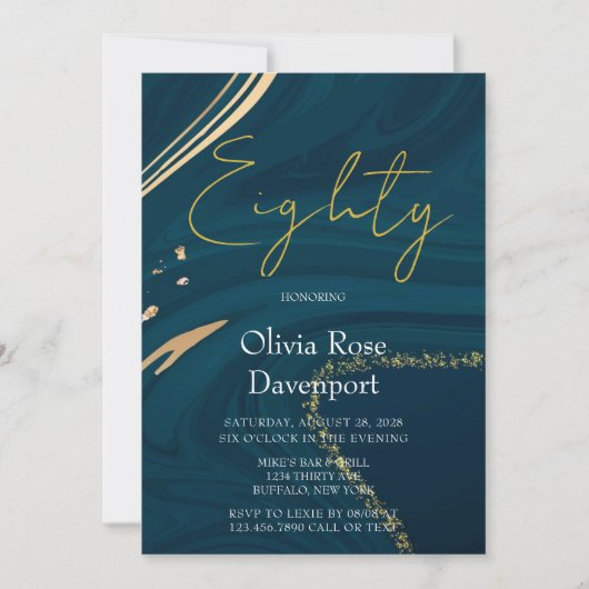Aquamarine Gold Alcohol Ink 80th Birthday Party Kaart (Voorkant)
