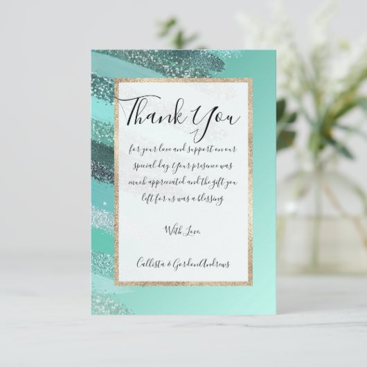 Aquamarine Green Blue Glitter Painted Bruskes Bedankkaart (Staand voorkant)