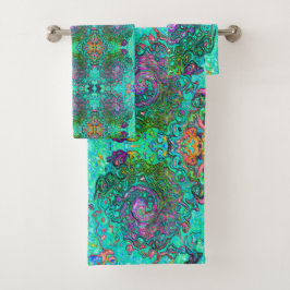 Aquamarine Groovy Abstract Retro Vloeistof Bad Handdoek