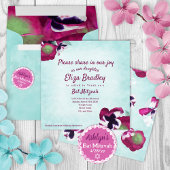 Aquamarine, magenta Pansies Bat Mitzvah Uitnodigin Kaart
