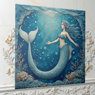 Aquamarine Mermaid Ocean Mosaic Iridescent Alcove  Tegeltje