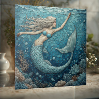 Aquamarine Mermaid Ocean Mosaic Luminous Coral Art Tegeltje