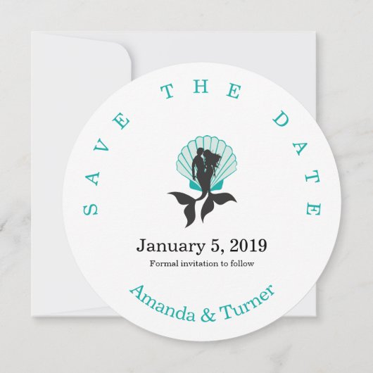 Aquamarine Mermaids Couple on a Seashell Design Save The Date (Achterkant)