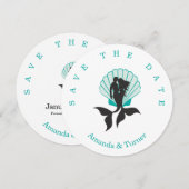Aquamarine Mermaids Couple on a Seashell Design Save The Date (Voorkant / Achterkant)