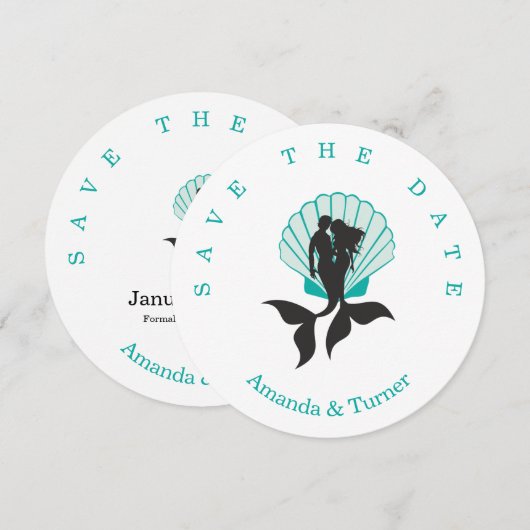 Aquamarine Mermaids Couple on a Seashell Design Save The Date (Voorkant / Achterkant)