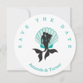 Aquamarine Mermaids Couple on a Seashell Design Save The Date (Voorkant)