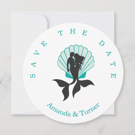 Aquamarine Mermaids Couple on a Seashell Design Save The Date (Voorkant)