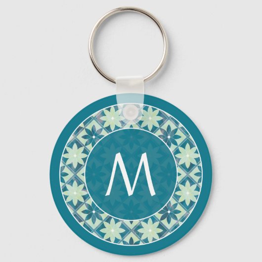 Aquamarine Monogram Floral Tegel Sleutelhanger (Voorkant)