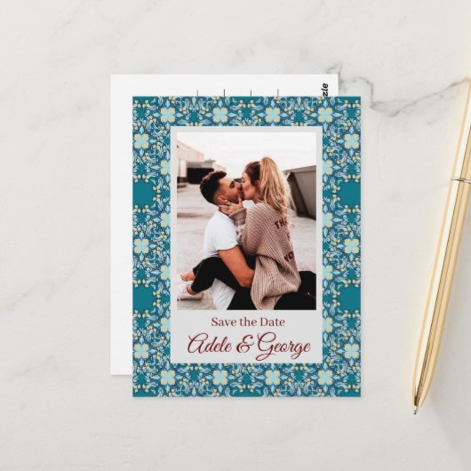 Aquamarine PHOTO Wedding Save the Date Briefkaart (Voorkant / Achterkant in situ)