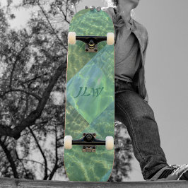 Aquamarine Seafoam Water Patchwork met Initialen Persoonlijk Skateboard